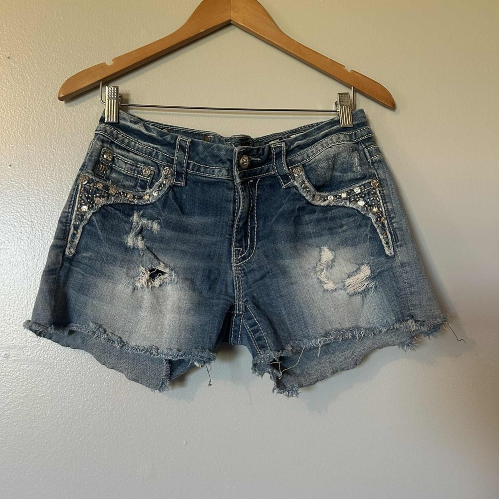 Miss Me Distressed Rhinestone Embroidered Mid Rise Denim Shorts